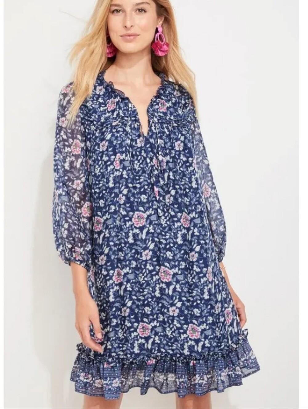 Vineyard Vines Floral ¾ Sleeve Ruffle Hem Dress Silk Blend Blue Pink Tie Neck M